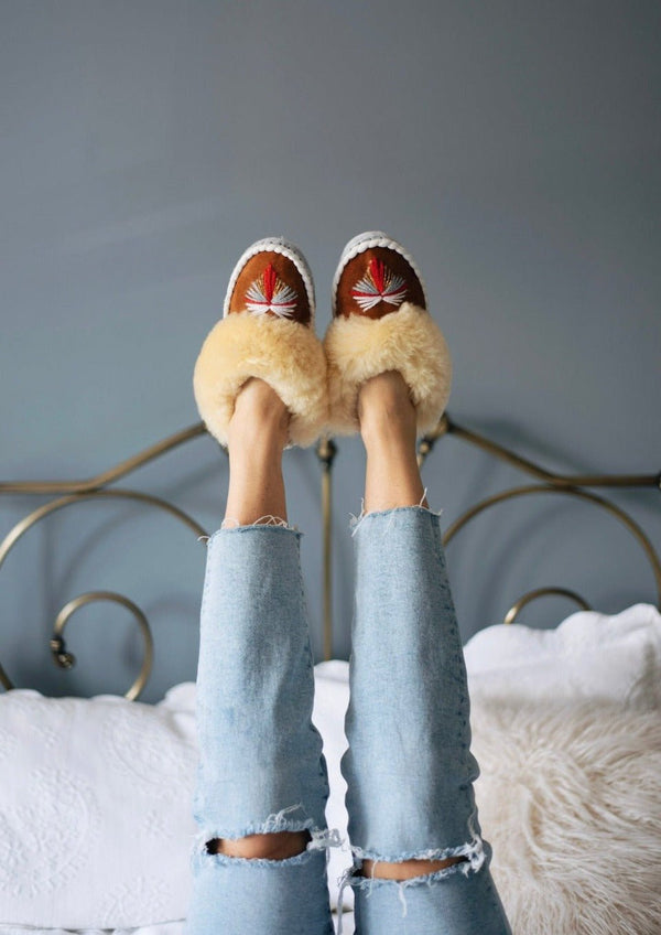 Butterfly Yellow Sheepskin Mule Slippers - ONAIE