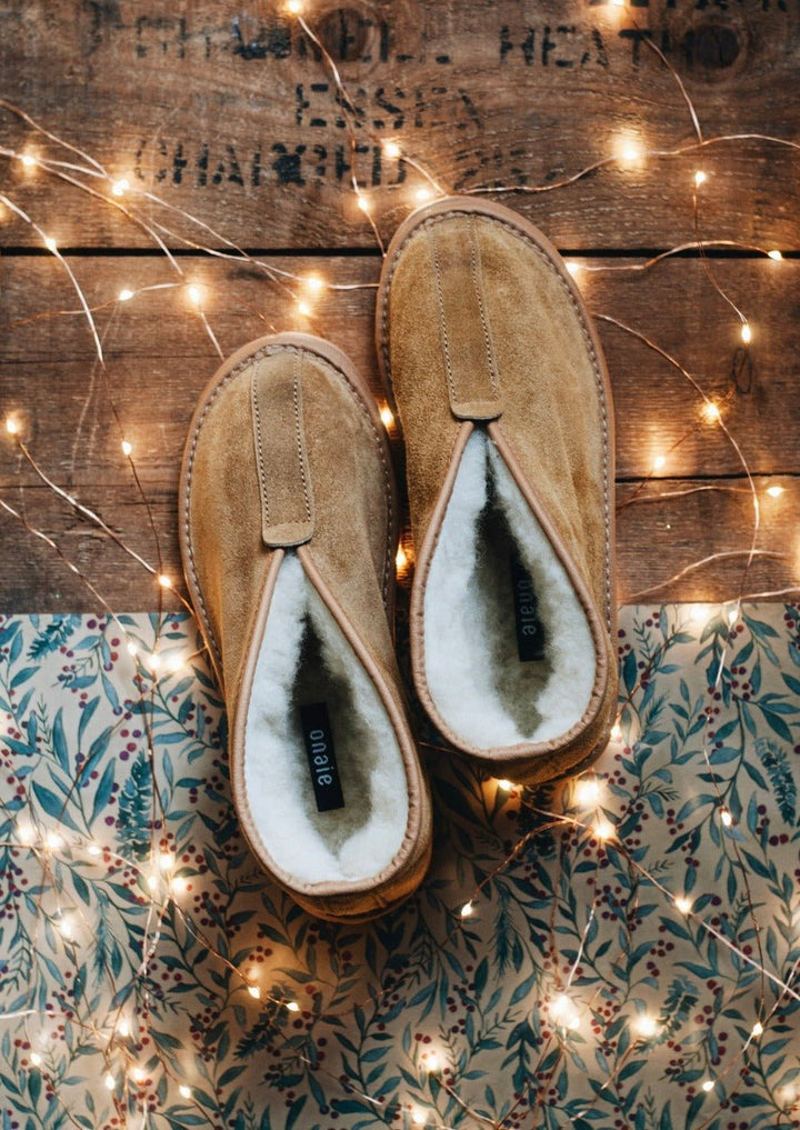 Pair of brown suede slippers with white fur lining on a wooden surface with string lights.