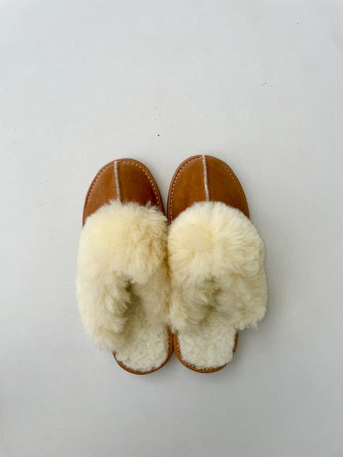 beige wool slippers top view