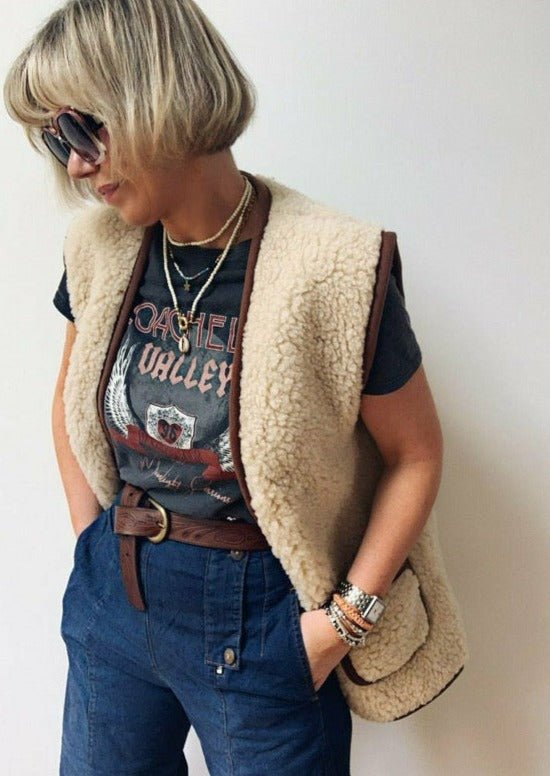 woman wearing oatmeal wool gilet