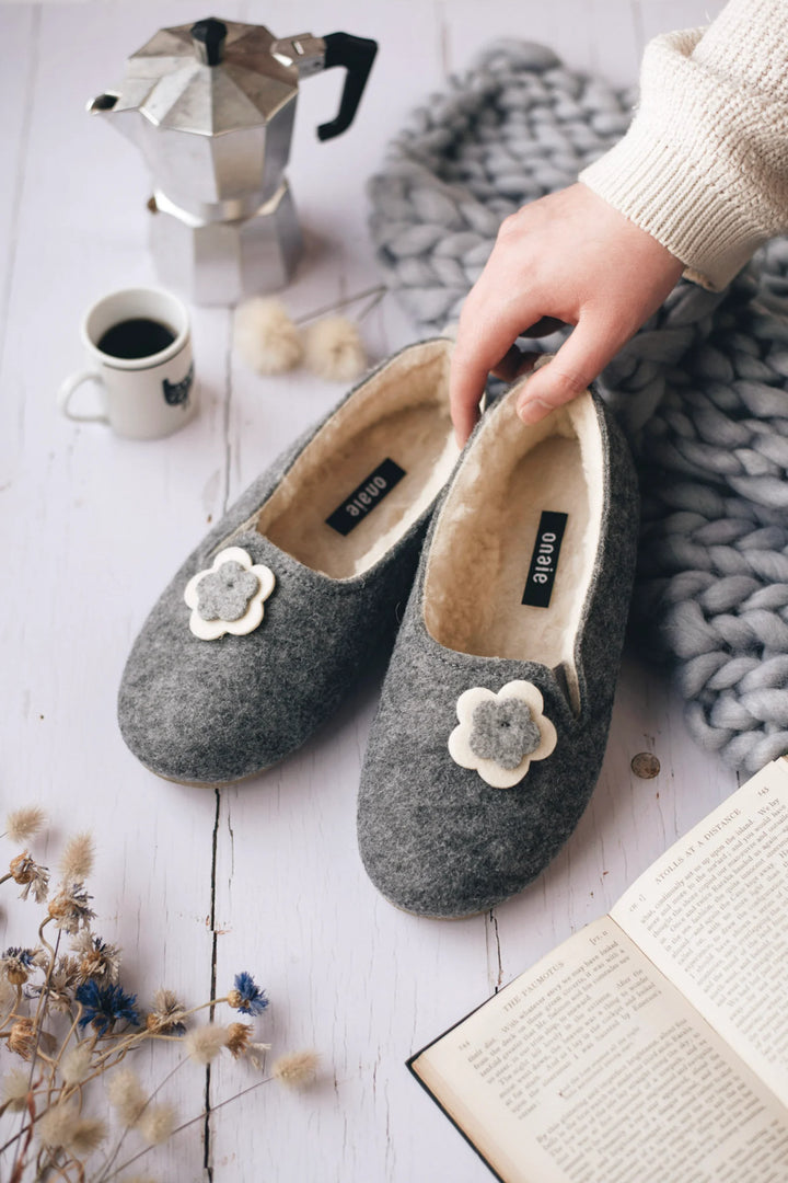 women's felt slippers with flower detail