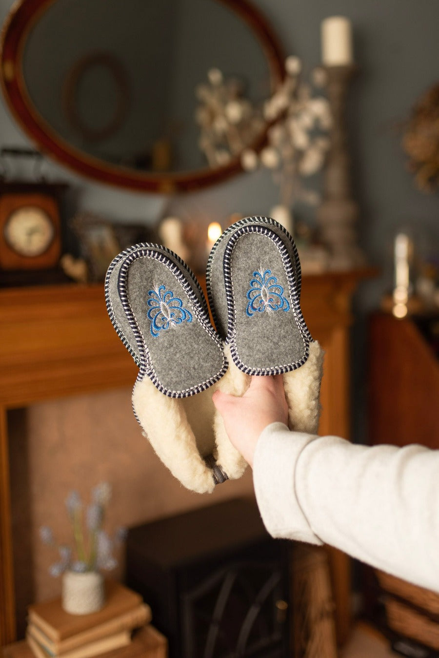 Embroidered Grey Wool Slipper Boots