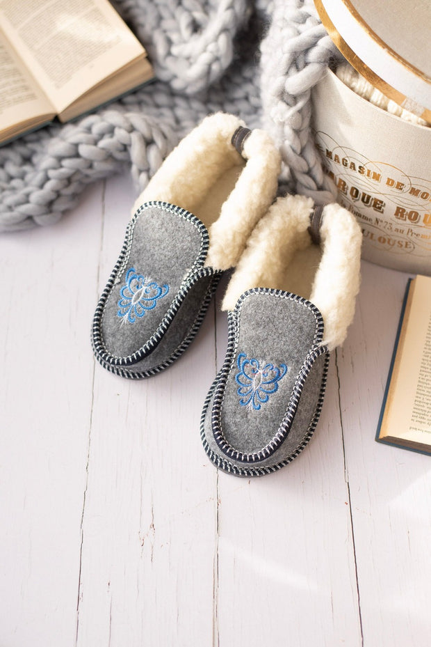 Embroidered Grey Wool Slipper Boots