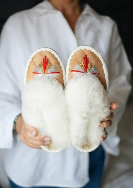 Butterfly White Sheepskin Mule Slippers - ONAIE