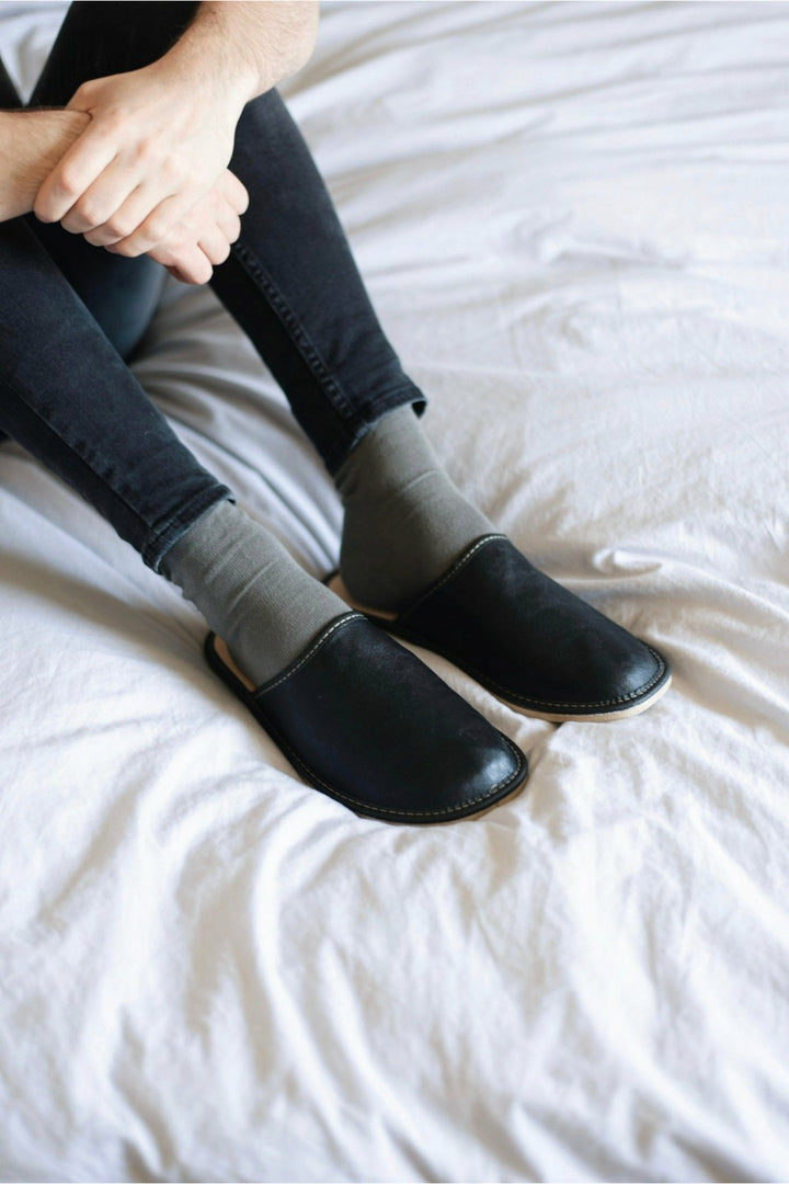 Men's Black Leather Mule Slippers