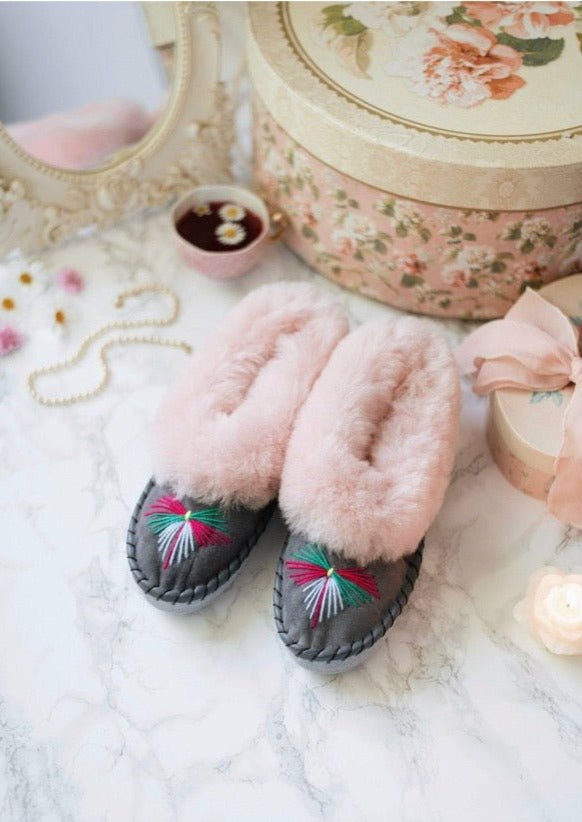 Pink Embroidered Sheepskin Slippers - ONAIE