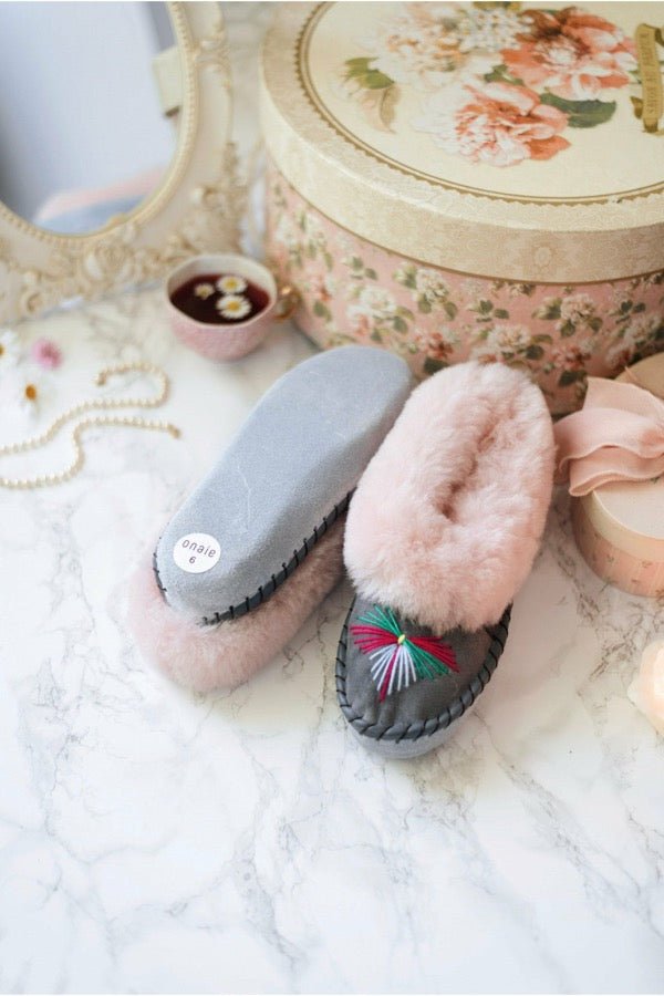Pink Embroidered Sheepskin Slippers - ONAIE