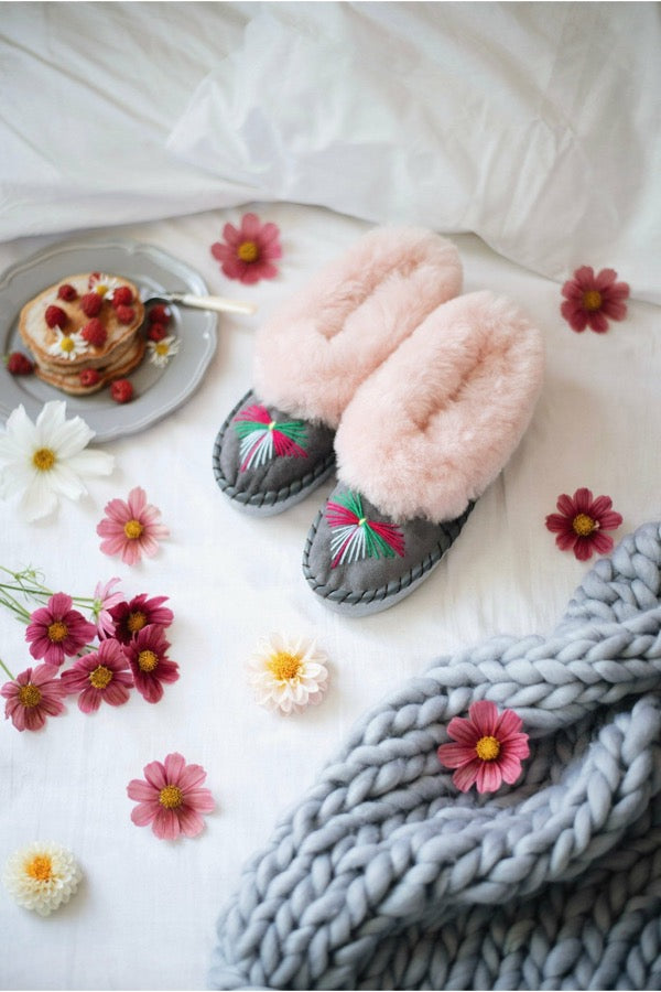 Pink Embroidered Sheepskin Slippers - ONAIE