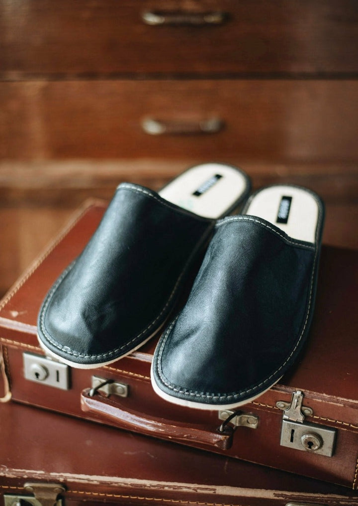Mens Black Leather Mule Slippers