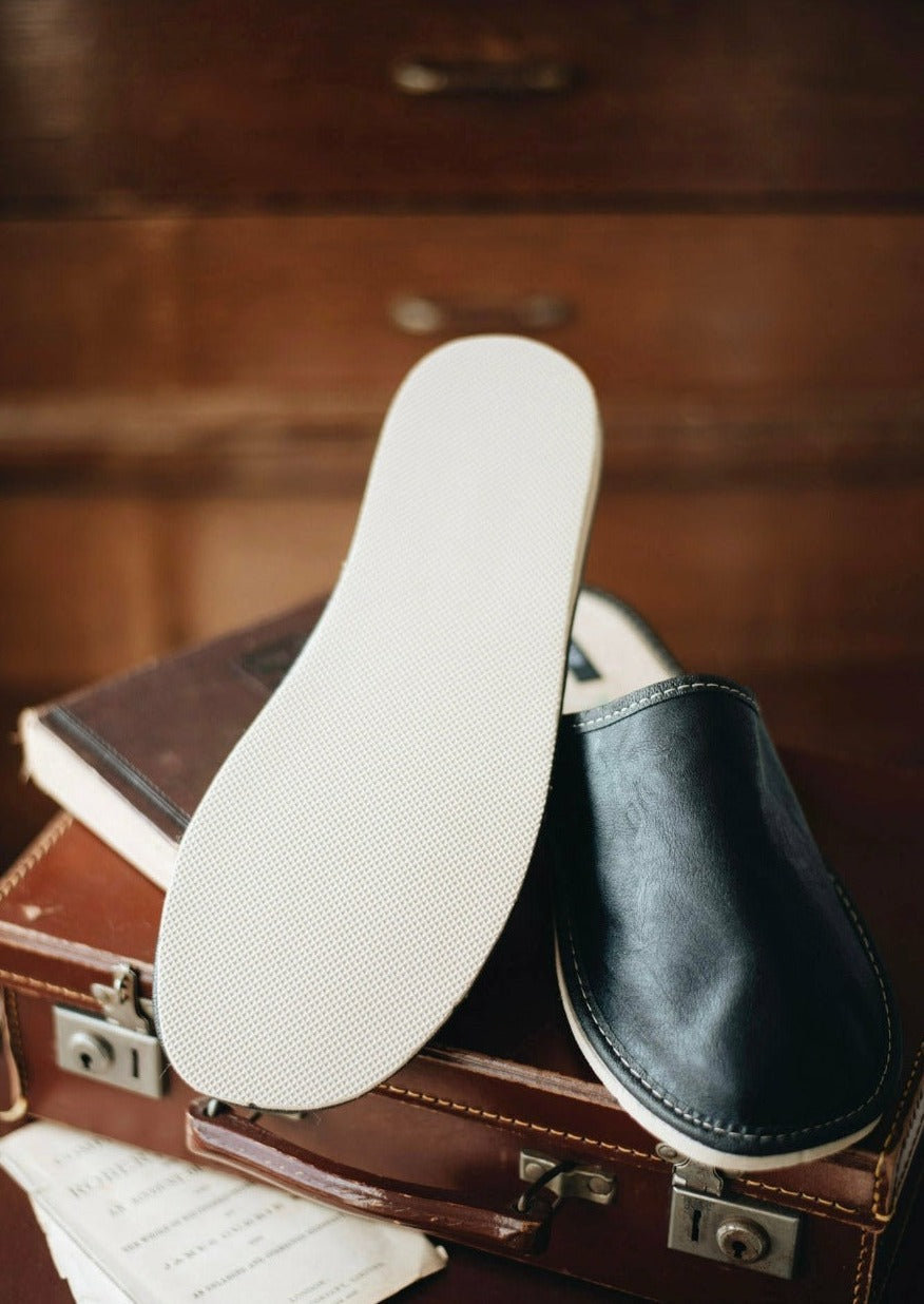 Mens Black Leather Mule Slippers
